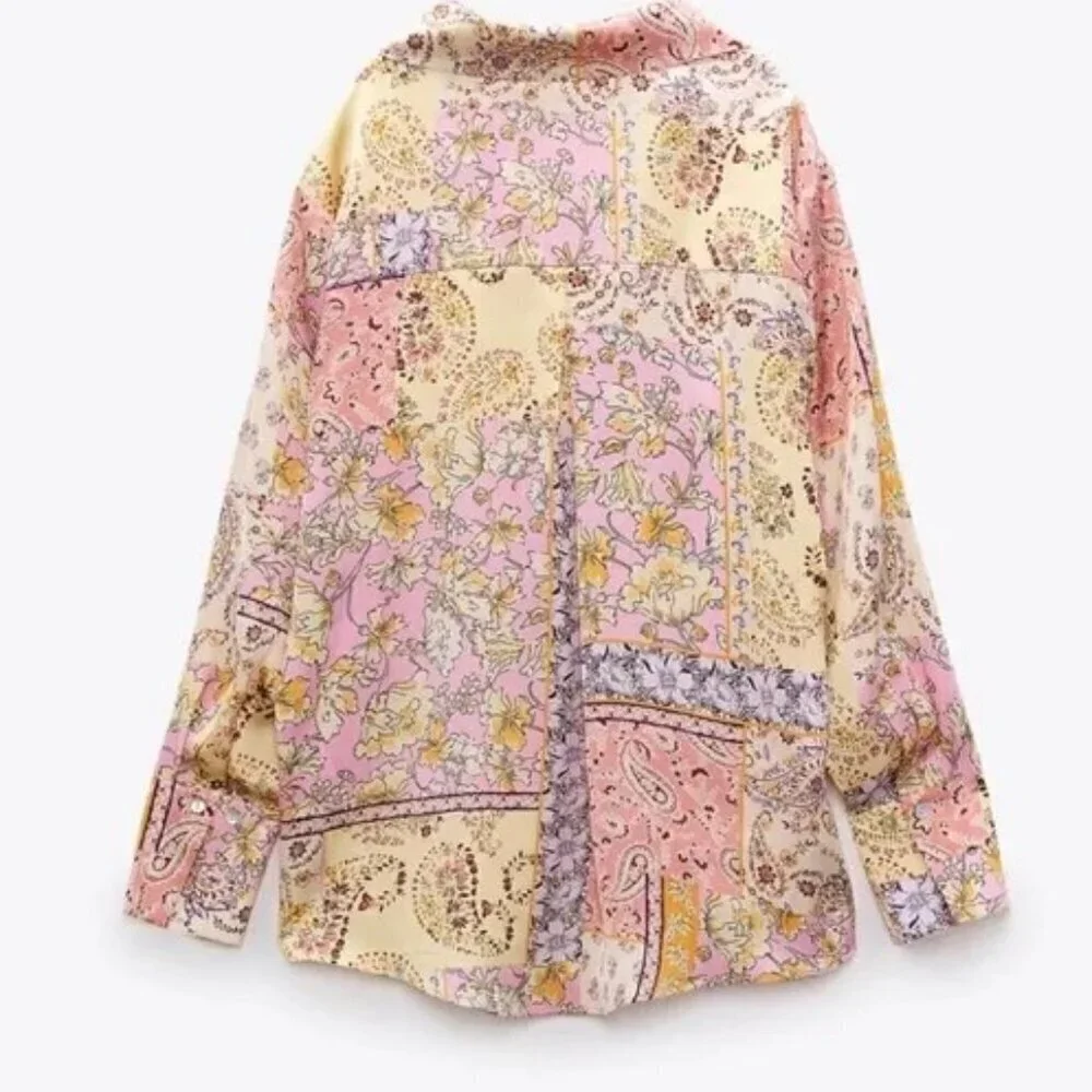 💕ZARA💕 Printed Satin Effect Shirt ~ Pink Multi-Color Paisley Print Medium